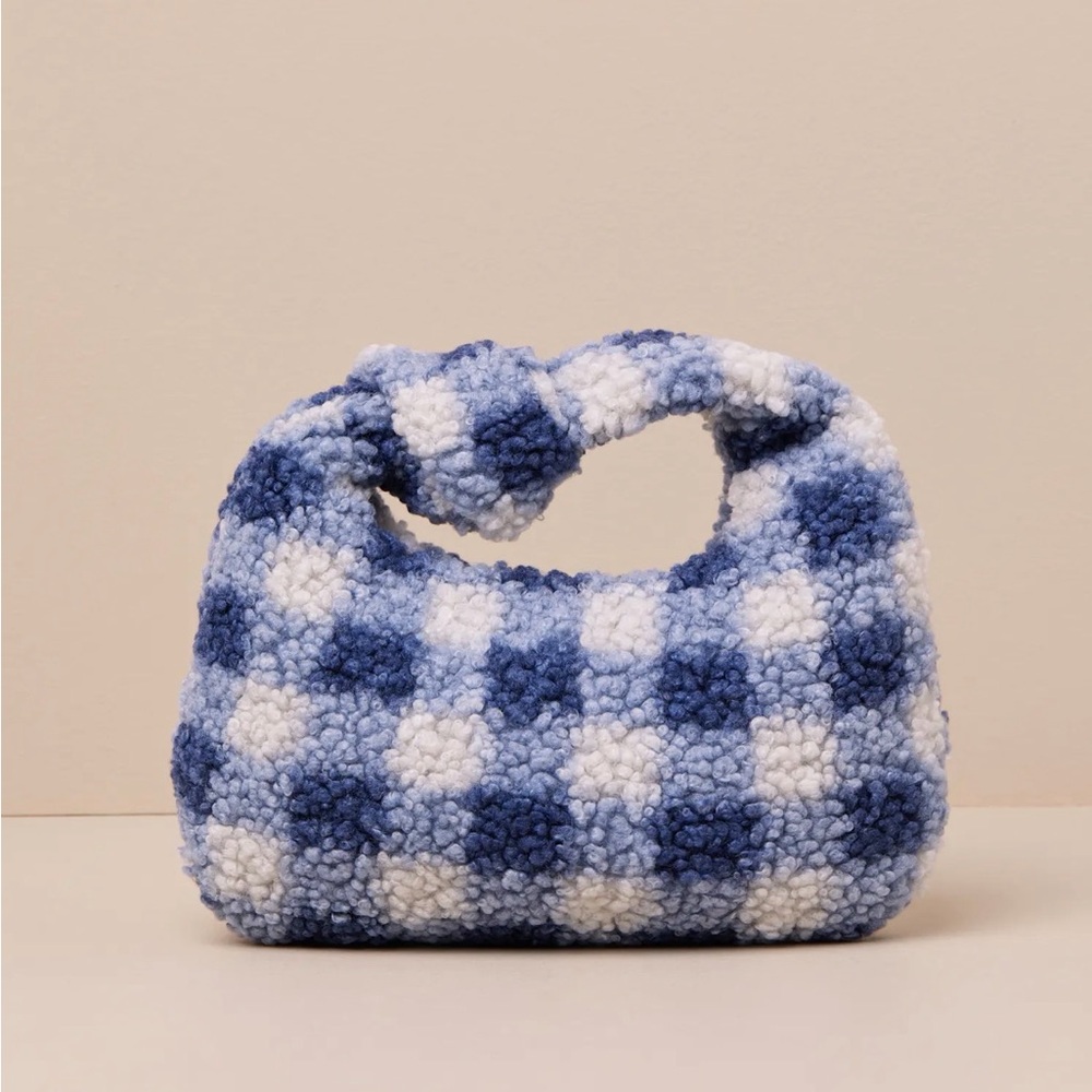 Lulus Melorna Blue and White Plaid Shearling Knotted Women's HandBag NWT
